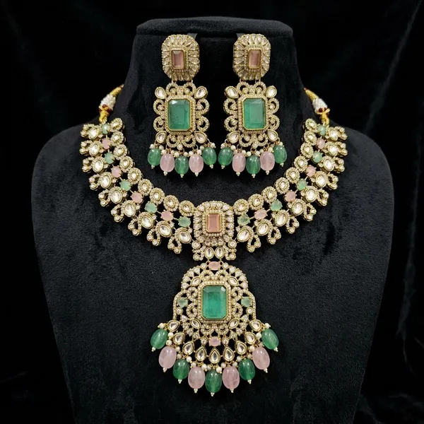 Gold_Green_Pink_Stone_Studded_Necklace_Set_For_Women