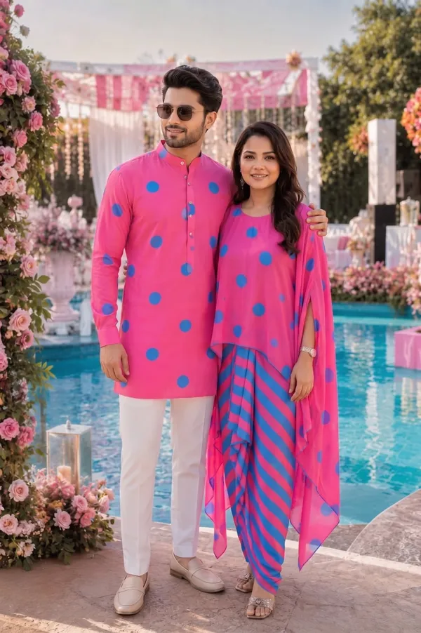 Pink_Sapphire_Kurta_For_Men_And_Dress_For_Women_Twinning_Couple_Outfit_Set