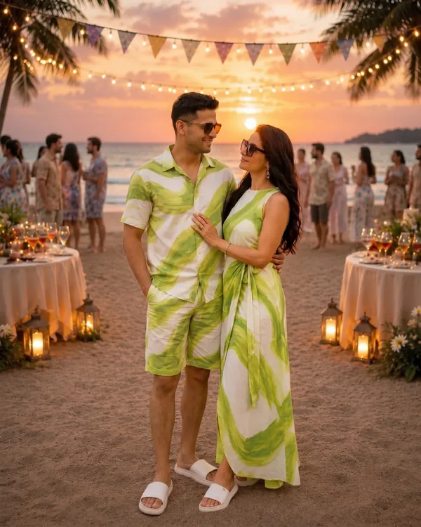Lime_Green_Abstract_Print_Shirt_For_Men_And_Dress_For_Women_Twinning_Couple_Outfit_Set