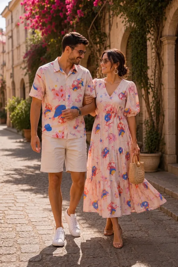 Blush_Peach_Multi_Print_Shirt_For_Men_And_Dress_For_Women_Twinning_Couple_Outfit_Set