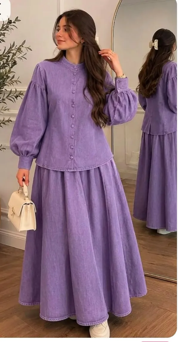 Puff_Sleeve_Button-Down_Shirt_&_Flared_Skirt_Co-ord_Set