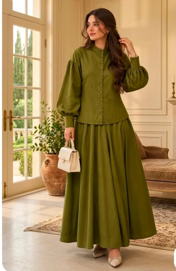 Puff_Sleeve_Button-Down_Shirt_&_Flared_Skirt_Co-ord_Set
