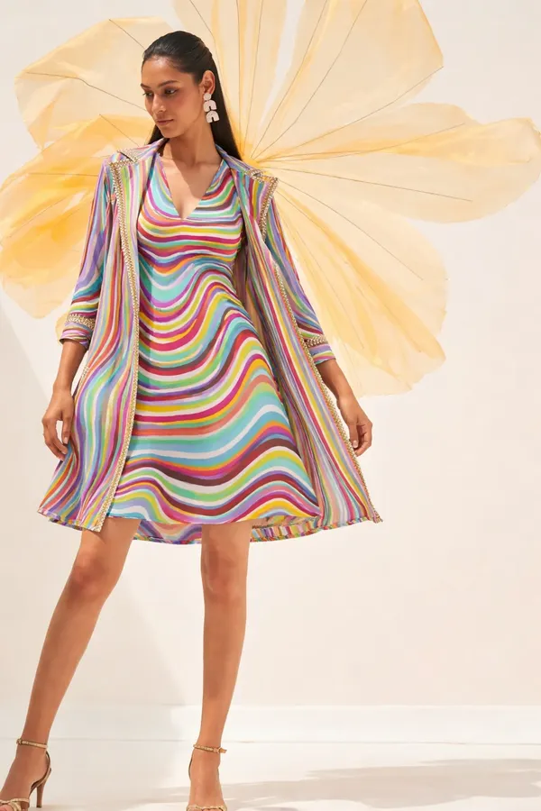 Multicolour_Wavy_Stripe_Dress_with_Embellished_Shrug