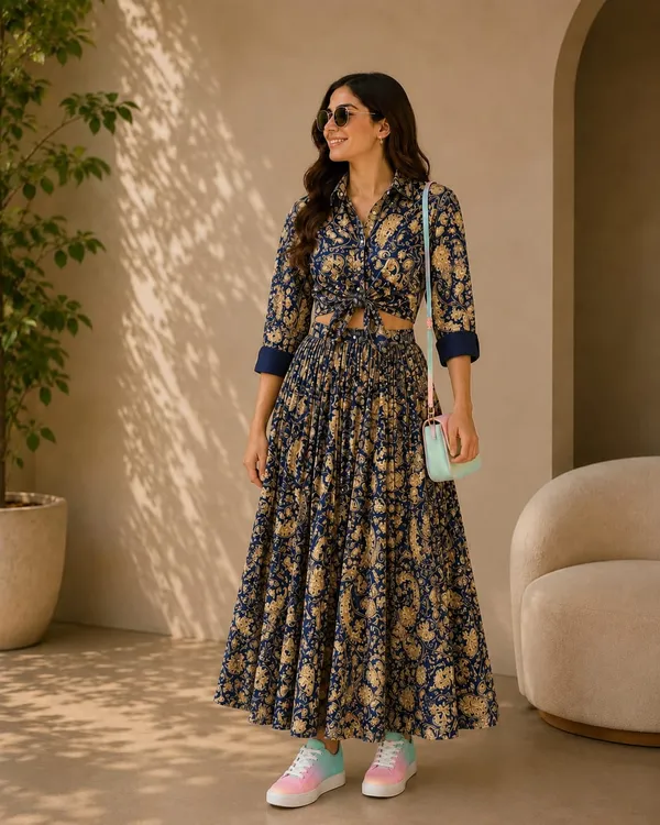 Royal_Blue_And_Beige_Paisley_Print_Womens_Dress