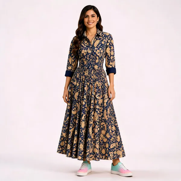 Royal_Blue_And_Beige_Paisley_Print_Womens_Dress