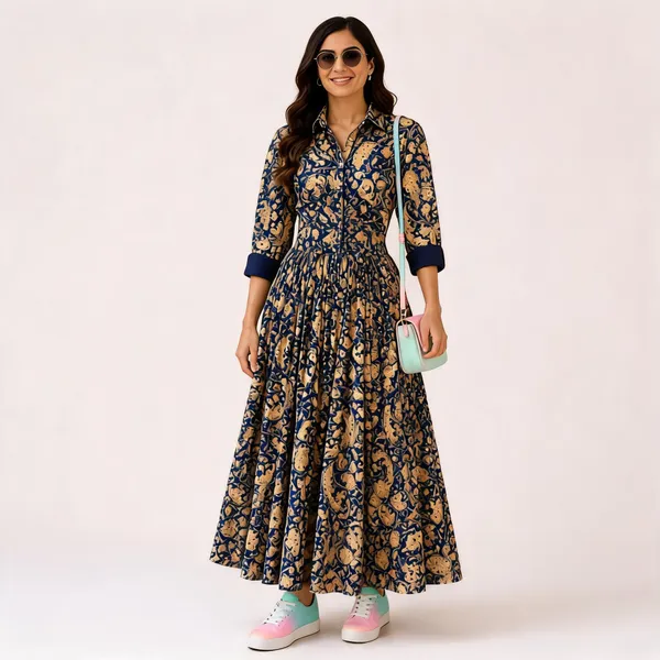 Royal_Blue_And_Beige_Paisley_Print_Womens_Dress