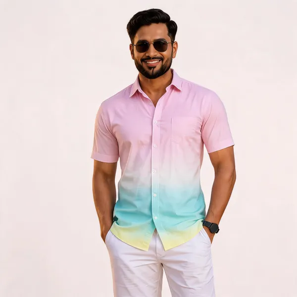 Baby_Pink_Aqua_Mint_And_Butter_Yellow_Ombre_Shirt_For_Men_And_Dress_For_Women_Twinning_Couple_Outfit_Set
