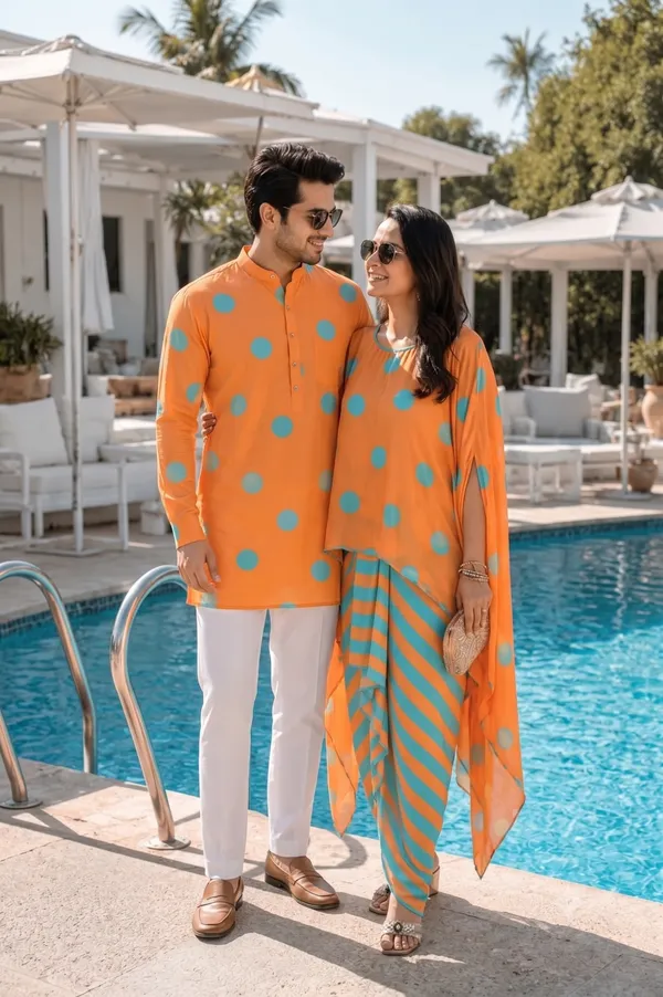 Sunset_Polka_Kurta_For_Men_And_Dress_For_Women_Twinning_Couple_Outfit_Set
