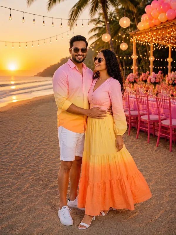 Blush_Pink_Sunset_Ombre_Shirt_For_Men_And_Dress_For_Women_Twinning_Couple_Outfit_Set