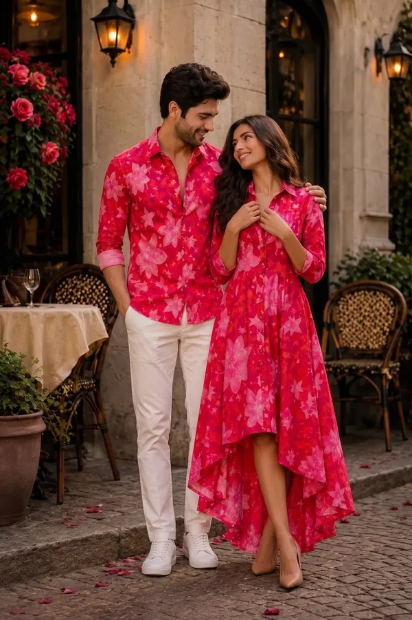 Hot_Pink_Mens_Shirt_And_Hot_Pink_Bloom_High_Low_Maxi_Dress_Combo_Pack_Of_2