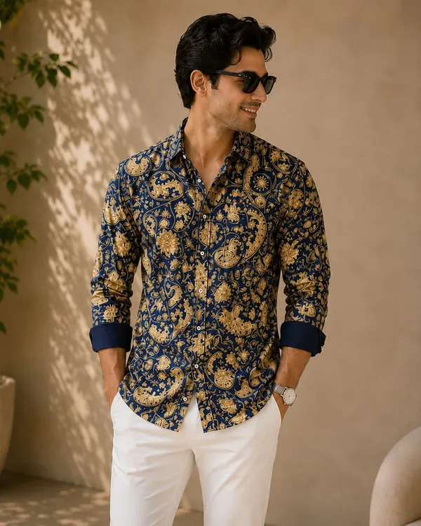 Royal_Blue_And_Beige_Paisley_Print_Mens_Shirt
