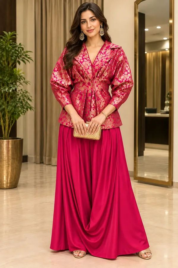 Fuchsia_Brocade_Draped__skirt_set