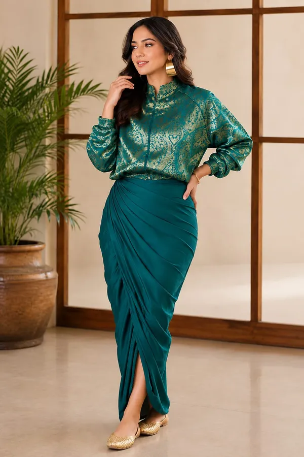 teal_green_Draped_Skirt_Set