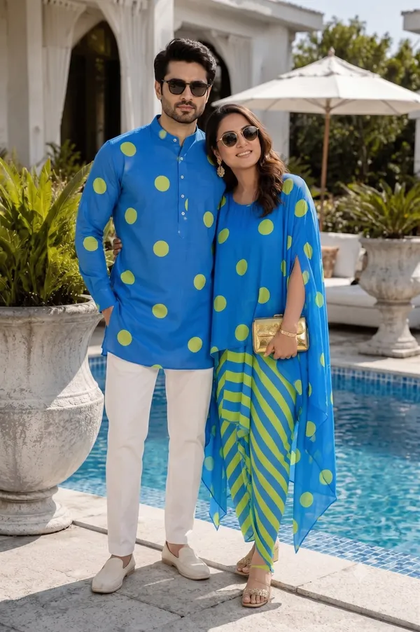 Royal_Blue_Polka_Kurta_For_Men_And_Dress_For_Women_Twinning_Couple_Outfit_Set