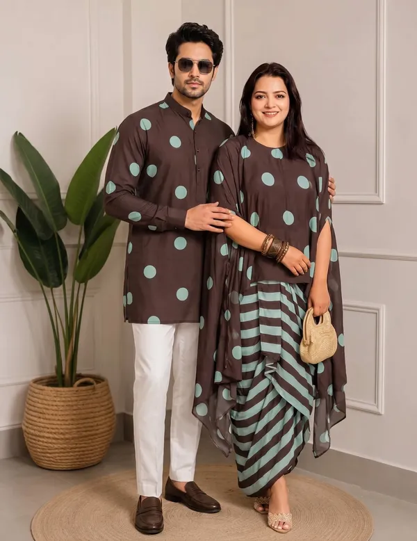 Brown_Polka_Kurta_For_Men_And_Dress_For_Women_Twinning_Couple_Outfit_Set