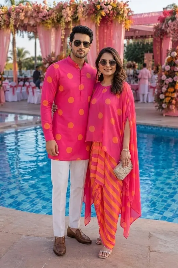 Pink_Pop_Polka_Kurta_For_Men_And_Dress_For_Women_Twinning_Couple_Outfit_Set