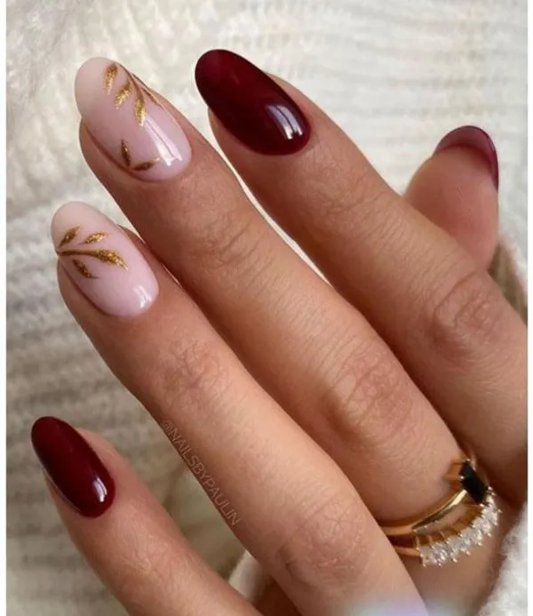 Golden_Leaf_Maroon_Nails