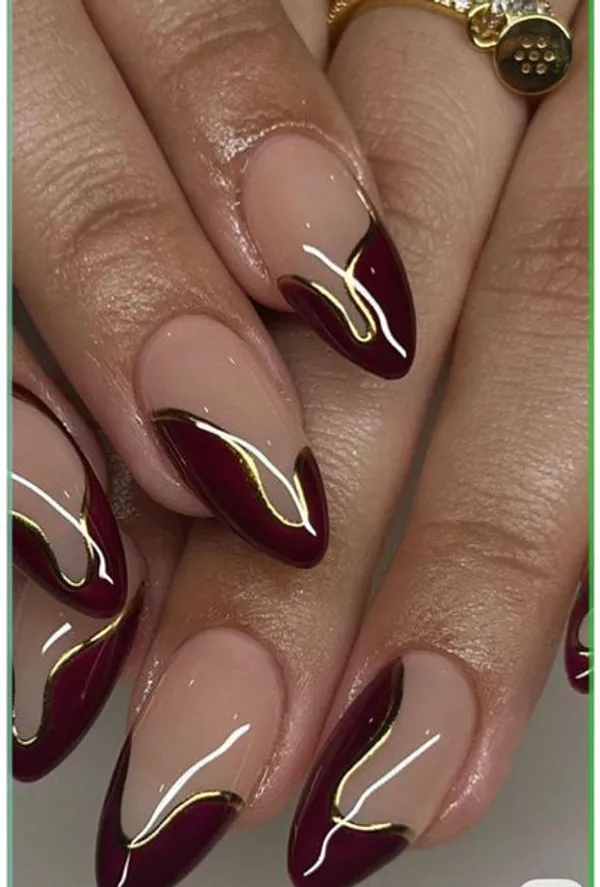 Abstract_Maroon_Golden_French_Nails