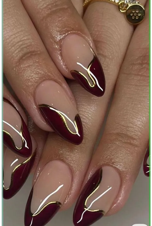 Abstract_Maroon_Golden_French_Nails