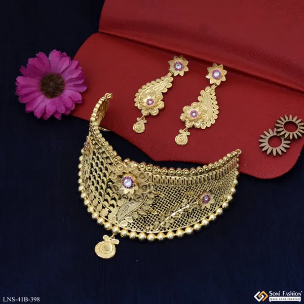 1_Gram_Gold_Plated_Exclusive_Design_Choker_Necklace_Set_For_Women_Style_B398