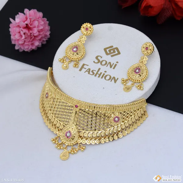 1_Gram_Gold_Plated_Glamorous_Design_Choker_Necklace_Set_For_Women_Style_B405