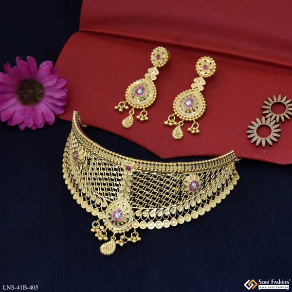 1_Gram_Gold_Plated_Glamorous_Design_Choker_Necklace_Set_For_Women_Style_B405