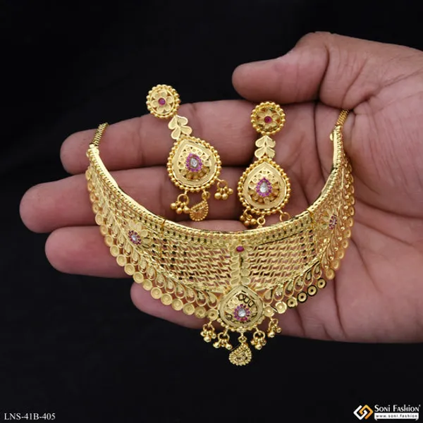 1_Gram_Gold_Plated_Glamorous_Design_Choker_Necklace_Set_For_Women_Style_B405