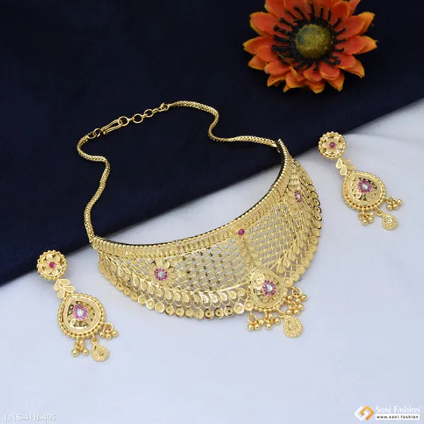 1_Gram_Gold_Plated_Glamorous_Design_Choker_Necklace_Set_For_Women_Style_B405