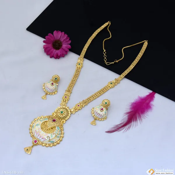 1_Gram_Gold_Plated_Fancy_Design_Long_Necklace_Set_For_Women_Style_B350