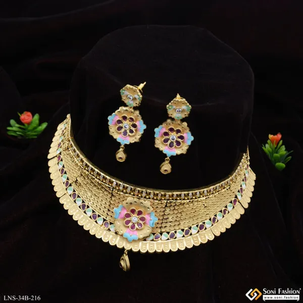 1_Gram_Gold_Plated_Unique_Design_Choker_Necklace_Set_For_Women_Style_B216