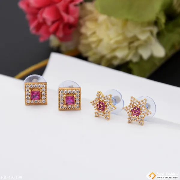 Pink_Diamonds_Gold_Plated_Two_Stud_Earrings_Set_For_Ladies_Style_A199