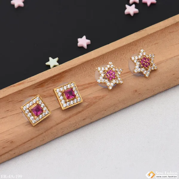 Pink_Diamonds_Gold_Plated_Two_Stud_Earrings_Set_For_Ladies_Style_A199