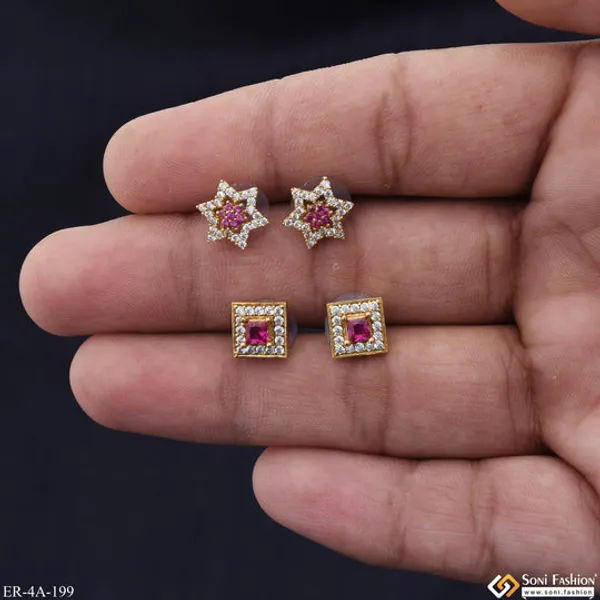 Pink_Diamonds_Gold_Plated_Two_Stud_Earrings_Set_For_Ladies_Style_A199