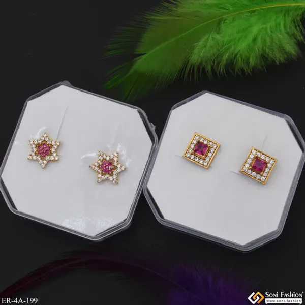 Pink_Diamonds_Gold_Plated_Two_Stud_Earrings_Set_For_Ladies_Style_A199