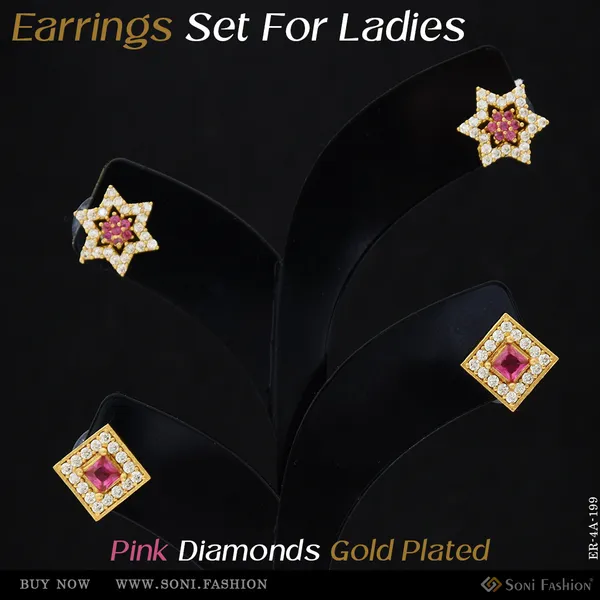 Pink_Diamonds_Gold_Plated_Two_Stud_Earrings_Set_For_Ladies_Style_A199