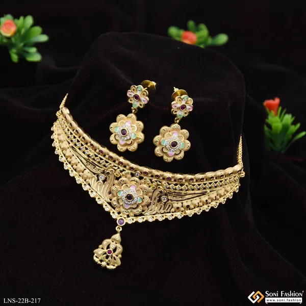 Designer_Gold_Plated_Choker_Necklace_Set_For_Ladies_Style_B217