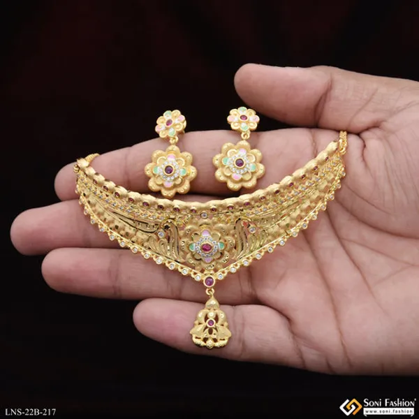 Designer_Gold_Plated_Choker_Necklace_Set_For_Ladies_Style_B217