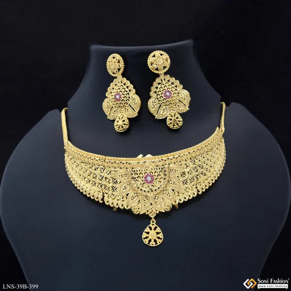 1_Gram_Gold_Plated_Glittering_Design_Choker_Necklace_Set_For_Women_Style_B399