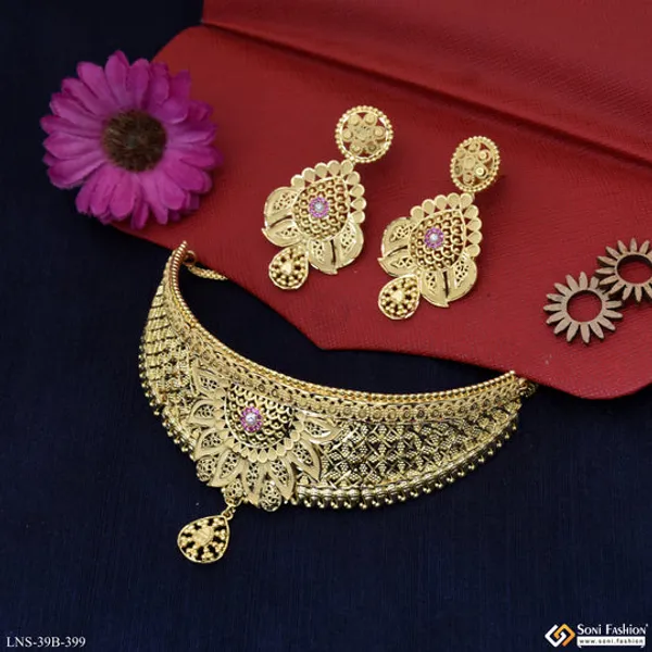 1_Gram_Gold_Plated_Glittering_Design_Choker_Necklace_Set_For_Women_Style_B399