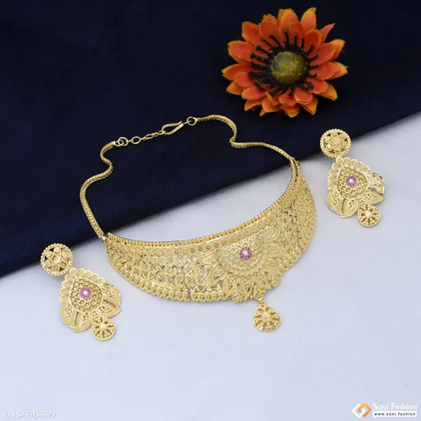 1_Gram_Gold_Plated_Glittering_Design_Choker_Necklace_Set_For_Women_Style_B399