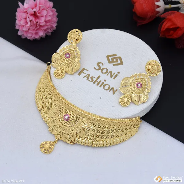 1_Gram_Gold_Plated_Glittering_Design_Choker_Necklace_Set_For_Women_Style_B399