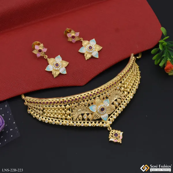 Casual_Design_Gold_Plated_Choker_Necklace_Set_For_Ladies_Style_B223