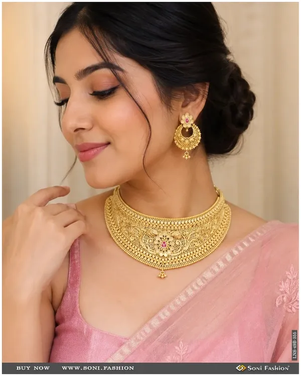 1_Gram_Gold_Plated_Beautiful_Design_Choker_Necklace_Set_For_Women_Style_B355