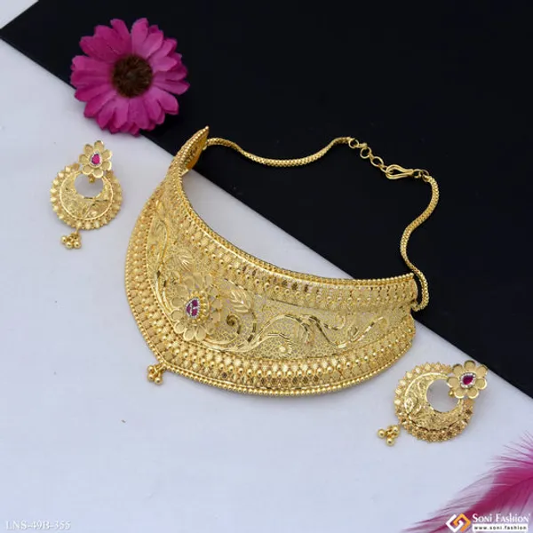 1_Gram_Gold_Plated_Beautiful_Design_Choker_Necklace_Set_For_Women_Style_B355