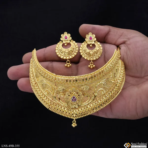 1_Gram_Gold_Plated_Beautiful_Design_Choker_Necklace_Set_For_Women_Style_B355