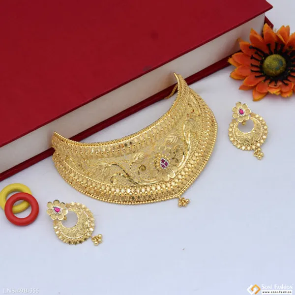1_Gram_Gold_Plated_Beautiful_Design_Choker_Necklace_Set_For_Women_Style_B355