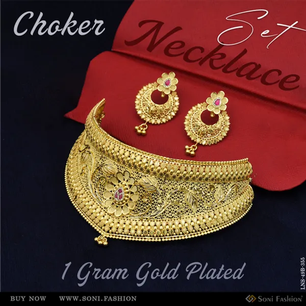 1_Gram_Gold_Plated_Beautiful_Design_Choker_Necklace_Set_For_Women_Style_B355