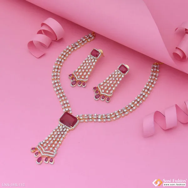 Pink_Stone_New_Style_Gold_Plated_Diamond_Necklace_Set_For_Ladies_Style_B152