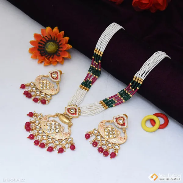 Multicolor_Beads_Gold_Plated_Antique_Necklace_Set_For_Women_Style_B122