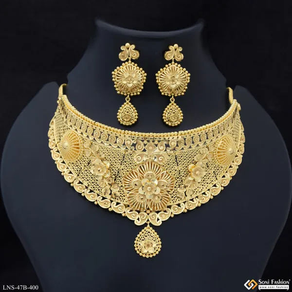 1_Gram_Gold_Plated_Fancy_Design_Choker_Necklace_Set_For_Women_Style_B400